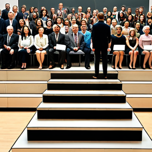 Home 11 **Sampling Bias Visualized:** A group of people standing on different sized platforms, some much higher than others, representing a biased sample. The higher platforms are occupied by people who are very loud and opinionated. The scene is set at a modern town hall meeting.
