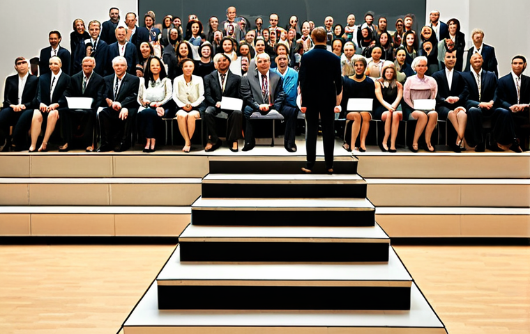 **Sampling Bias Visualized:** A group of people standing on different sized platforms, some much higher than others, representing a biased sample. The higher platforms are occupied by people who are very loud and opinionated. The scene is set at a modern town hall meeting.