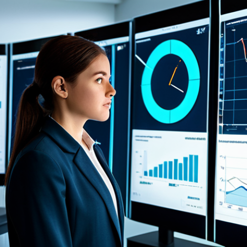 Home 6 A professional female data analyst, thoughtful and focused, stands in a modern data visualization lab. She is dressed in modest business attire, including a neat blazer and trousers. She looks at a transparent digital display that shows two clearly correlated data points, like abstract representations of rising sales and seasonal events, her expression suggesting deep thought as if recognizing a deeper, hidden factor. The lab features clean lines, soft ambient lighting, and subtle, abstract data patterns on other screens. Professional studio photography, perfect anatomy, correct proportions, natural pose, well-formed hands, proper finger count, natural body proportions, high detail, realistic, sharp focus. Safe for work, appropriate content, fully clothed, modest clothing, professional dress, family-friendly.