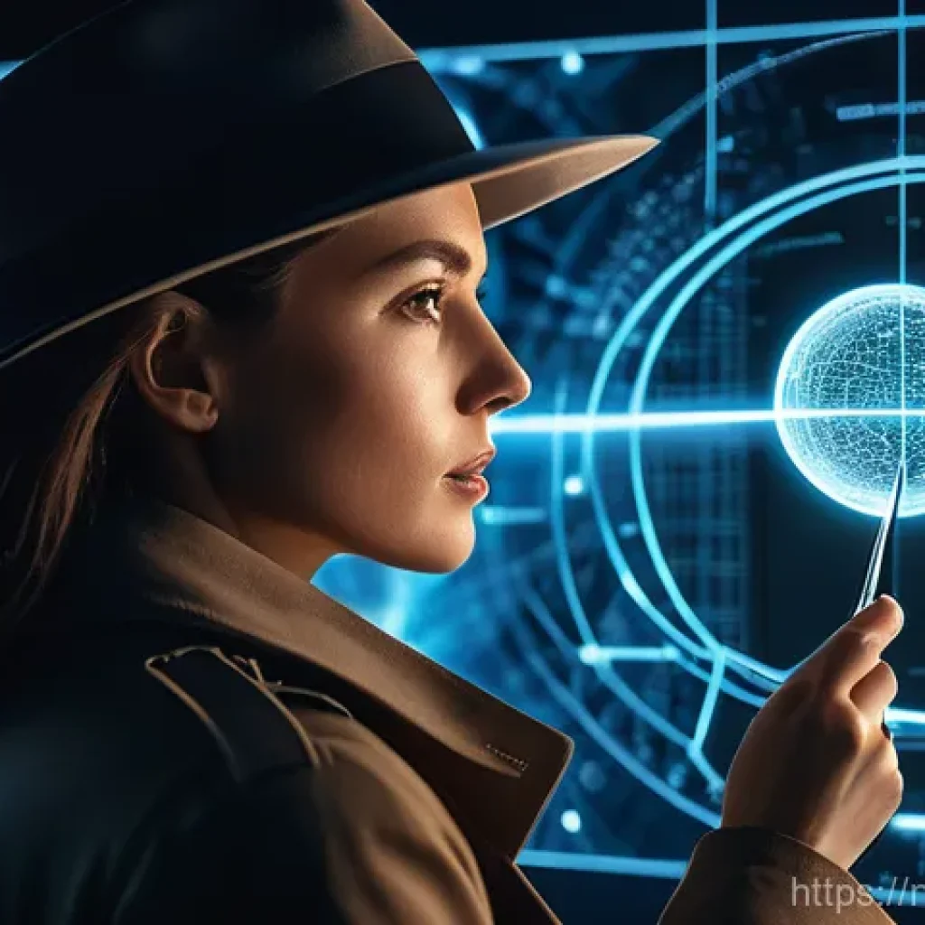 인과관계 추론 훈련의 기술적 도전과제 - A female detective, dressed in a classic trench coat and hat, meticulously examining a complex web o...