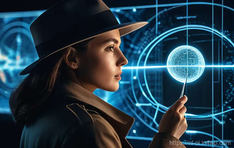 인과관계 추론 훈련의 기술적 도전과제 - A female detective, dressed in a classic trench coat and hat, meticulously examining a complex web o...
