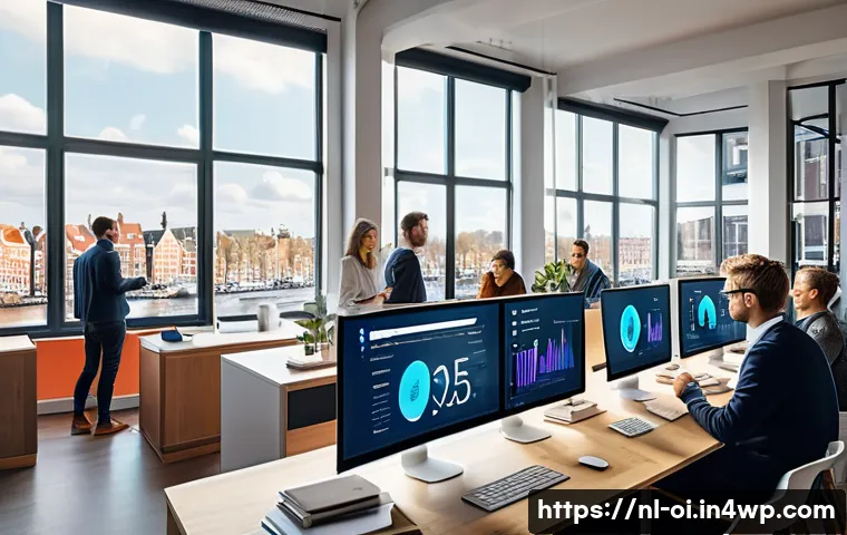 인과관계 모델링의 실제 사례 연구 - A modern Dutch marketing office setting with diverse professionals analyzing causal diagrams on mult...